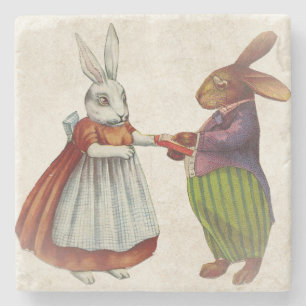 Dessous-de-verre En Pierre Couple de lapin vintage en vêtements victoriens