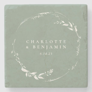 Dessous-de-verre En Pierre Couronne florale de monogramme personnalisé vert s