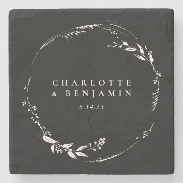 Dessous-de-verre En Pierre Couronne florale monochrome personnalisée avec mon (Devant)