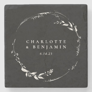 Dessous-de-verre En Pierre Couronne florale monogramme personnalisée noir bla