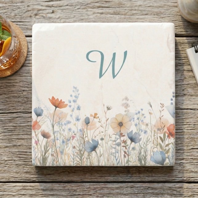 Dessous-de-verre En Pierre Cozy Wildflower Meadow Monogram – Botanical  (Wildflower monogram drink coaster)