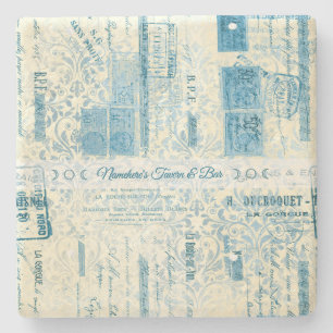 Dessous-de-verre En Pierre Créez votre propre timbre vintage en damas bleu
