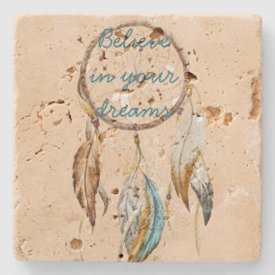 Dessous-de-verre En Pierre Crème Brown Turquoise Plumes Blanches Dream Catche