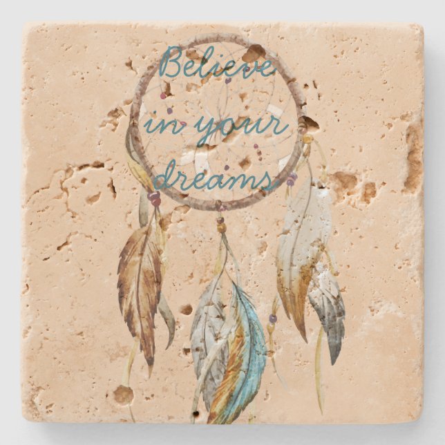 Dessous-de-verre En Pierre Crème Brown Turquoise Plumes Blanches Dream Catche (Devant)