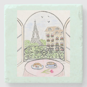 Dessous-de-verre En Pierre Croissant de café Eiffel Paris fantaisiste peint à