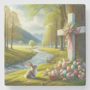 Dessous-de-verre En Pierre Croix de Pâques avec lapin et oeufs
