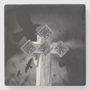 Dessous-de-verre En Pierre Croix gothique Lune GraveYard avec Corbeaux
