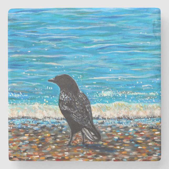 Dessous-de-verre En Pierre Crow sur la plage 3 Tableau (Devant)