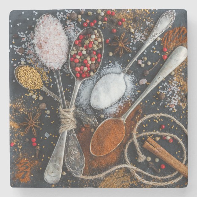 Dessous-de-verre En Pierre Cuillères d'argent et épices (Devant)