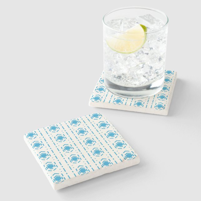 Dessous-de-verre En Pierre Cuisine Motif de style méditerranéen bleu et écru (Côté)