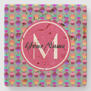 Dessous-de-verre En Pierre Cupcake rose Nom personnalisé, Monogramme personna