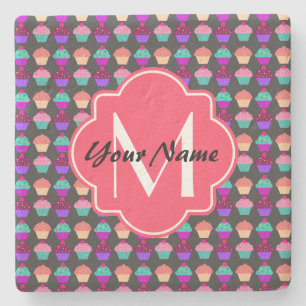 Dessous-de-verre En Pierre Cupcakes rose chaud Nom personnalisé, Monogramme