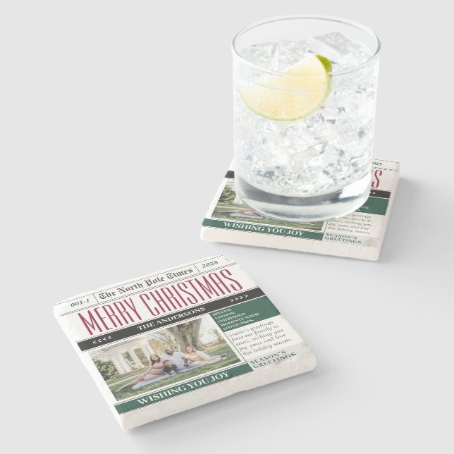 Dessous-de-verre En Pierre Custom Holiday Times Journal Photo de Noël (Côté)