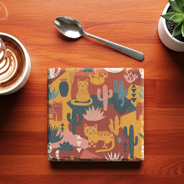 Dessous-de-verre En Pierre Cute Boho Desert Cats Cactus Succulent Pattern (Créateur téléchargé)