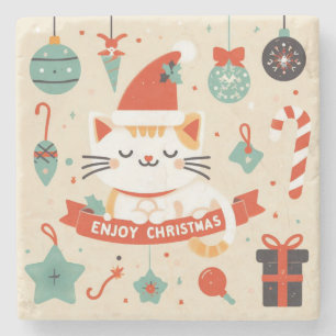 Dessous-de-verre En Pierre Cute chat Profitez de la saison de Noël
