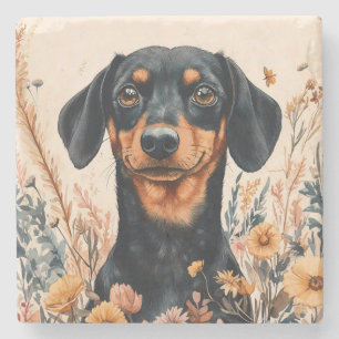 Dessous-de-verre En Pierre Cute Dachshund avec peinture Fleur sauvage