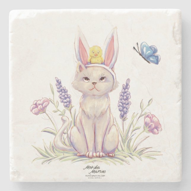 Dessous-de-verre En Pierre Cute Easter Cat with Chick Illustration (Devant)