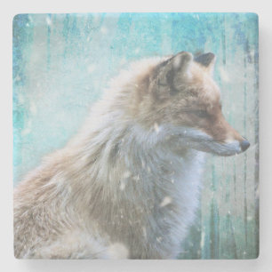 Dessous-de-verre En Pierre Cute Furry Fox sur Blue Grunge Arrière - plan