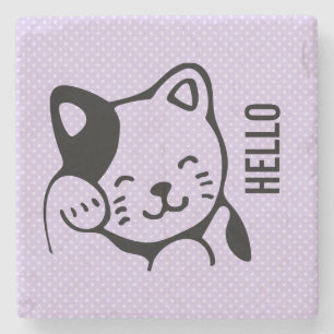 Dessous-de-verre En Pierre Cute noir et blanc Kitty Chat Waving Bonjour
