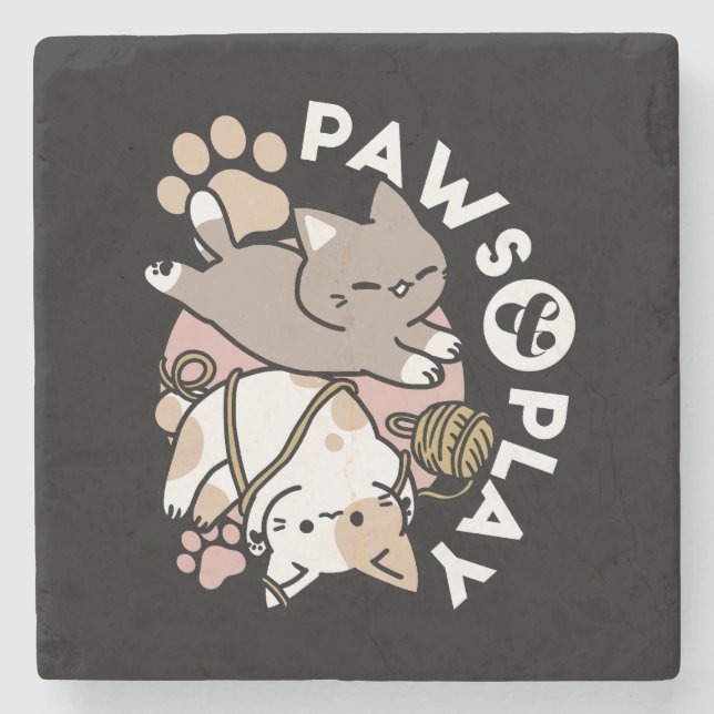 Dessous-de-verre En Pierre Cute Playful Cats Design – Fun Paws and Play Art (Devant)