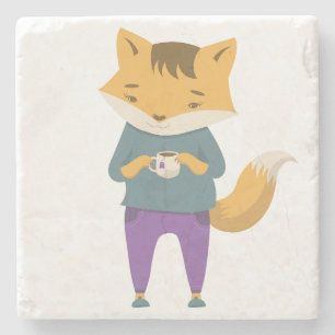 Dessous-de-verre En Pierre Cute renard avec tasse de thé