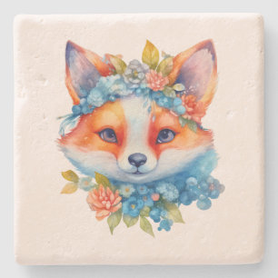 Dessous-de-verre En Pierre Cute Renard orange avec Couronne florale