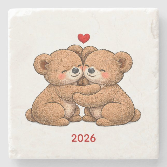 Dessous-de-verre En Pierre Cute Teddy Bear Couple in Love – Embroidered Style (Devant)