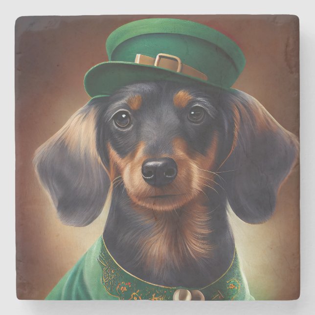 Dessous-de-verre En Pierre Dachshund Dog en tenue de la Saint Patrick (Devant)