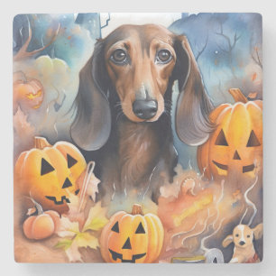 Dessous-de-verre En Pierre Dachshund Halloween avec citrouilles effrayant