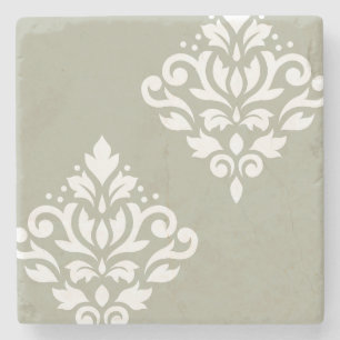 Dessous-de-verre En Pierre Damas d'art à motif de rinceau I Blanc sur Vert