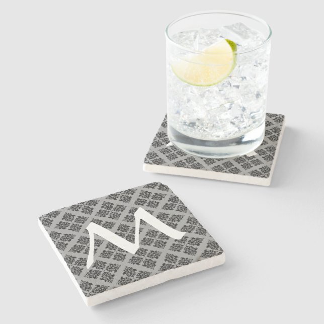 Dessous-de-verre En Pierre Damas marocain noir avec Monogramme (Côté)