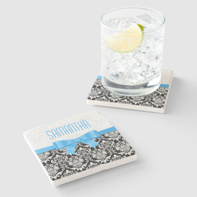 Dessous-de-verre En Pierre Damas noir et blanc monogrammes Ruban bleu (Côté)
