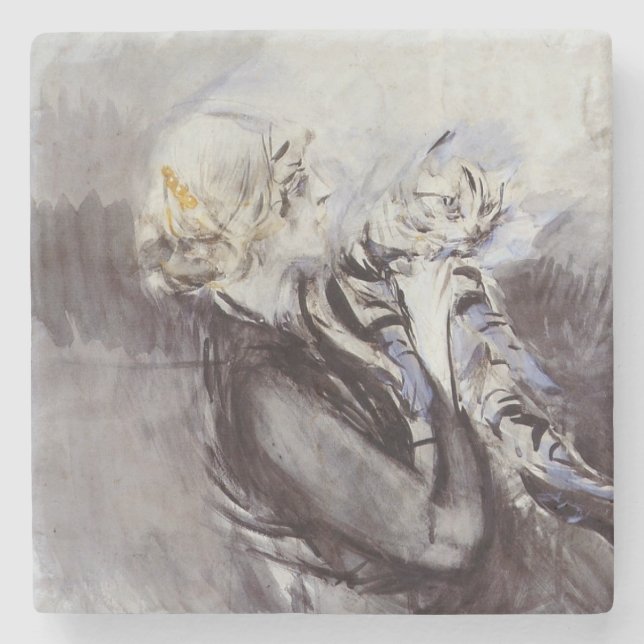 Dessous-de-verre En Pierre Dame avec un chat gris (par Giovanni Boldini) (Devant)