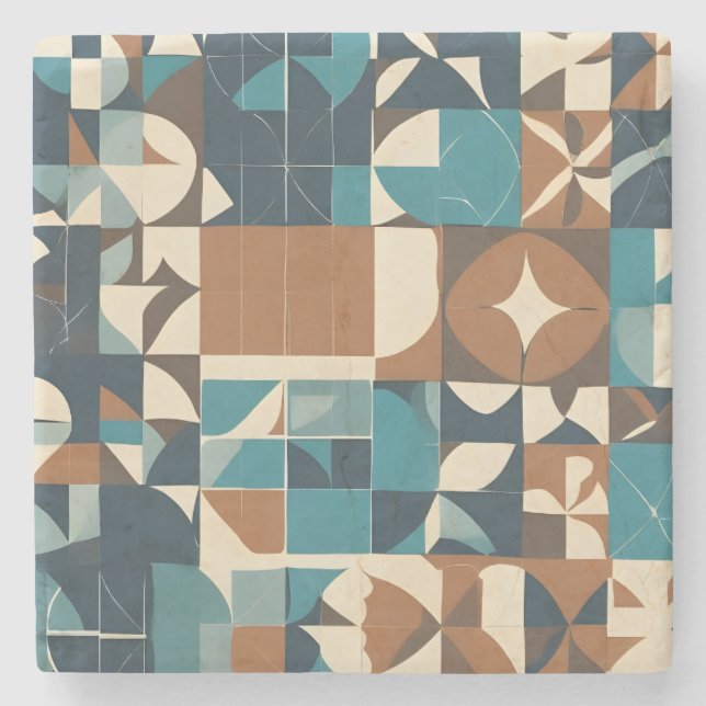 Dessous-de-verre En Pierre Dark Blue, Teal, Brown, and Tan Geometric Pattern (Devant)