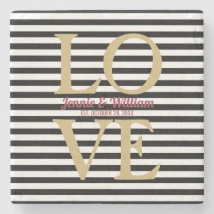 Dessous-de-verre En Pierre Date de mariage sur rayures noires LOVE