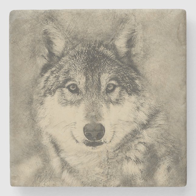 Dessous-de-verre En Pierre Dessin au crayon américain de loup de bois de (Devant)