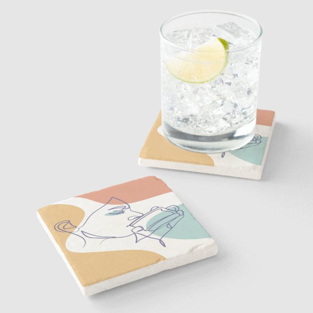 Dessous-de-verre En Pierre dessin d'art affiche d'une femme buvant du café (Côté)