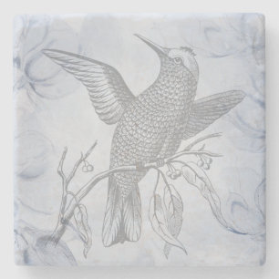 Dessous-de-verre En Pierre Dessin de ligne d'oiseau détaillé Art pastel bleu