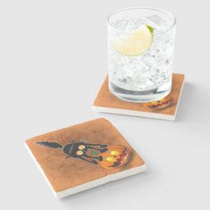 Dessous-de-verre En Pierre Dessin d'Halloween au chat effrayé sur Citrouille