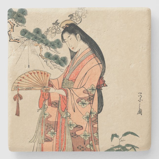 Dessous-de-verre En Pierre Dessin en bois ancien d'une femme japonaise (Devant)