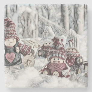 Dessous-de-verre En Pierre Dessin vintage de Gnomes dans la neige