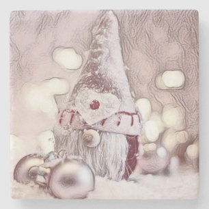 Dessous-de-verre En Pierre Dessin vintage d'un Gnome rose sur la neige