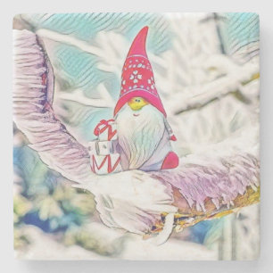 Dessous-de-verre En Pierre Dessin vintage d'un Gnome sur un arbre enneigé