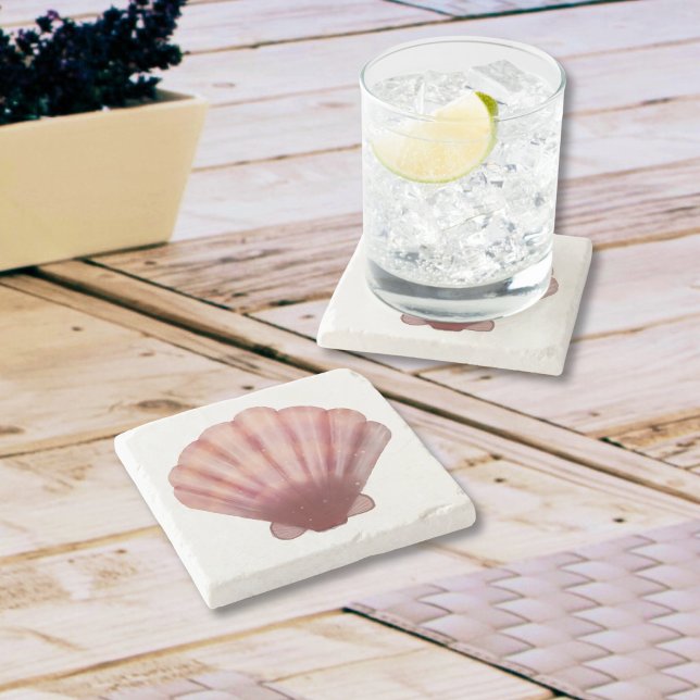 Dessous-de-verre En Pierre Dessous de verre en pierre de coquillage rose past (Watercolor Pink Scalloped Seashell Stone Coaster)