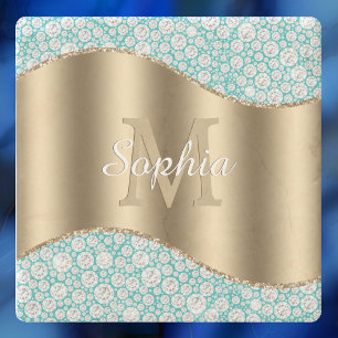 Dessous-de-verre En Pierre Diamants de Glam sur Turquoise, Monogramme Or, Nom