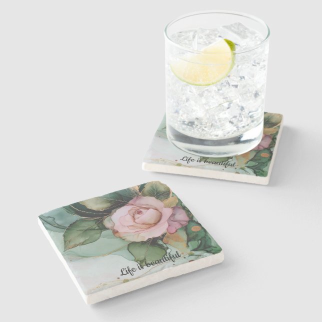 Dessous-de-verre En Pierre Douche romantique dorée rose rose rose florale (Côté)