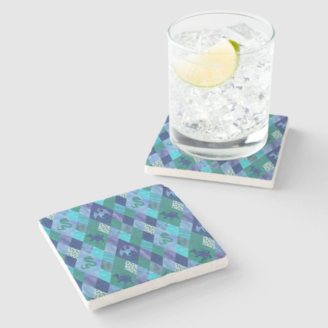 Dessous-de-verre En Pierre Dragon à écussons en bleu et vert (Côté)