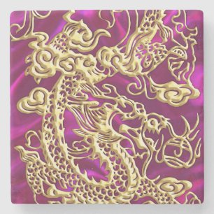 Dessous-de-verre En Pierre Dragon d'or embouti sur Magenta Satin