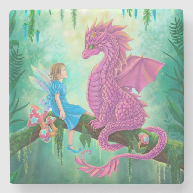 Dessous-de-verre En Pierre Dragon rose et fée (Devant)