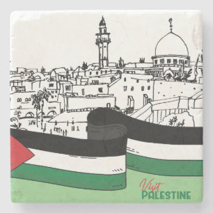 Dessous-de-verre En Pierre Drapeau de Palestine et vieilles maisons dessinées